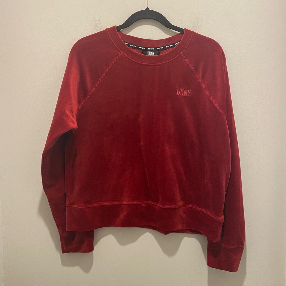 DKNY Sport Velour Crewneck Pullover Sweatshirt Red Women’s Size Small EUC